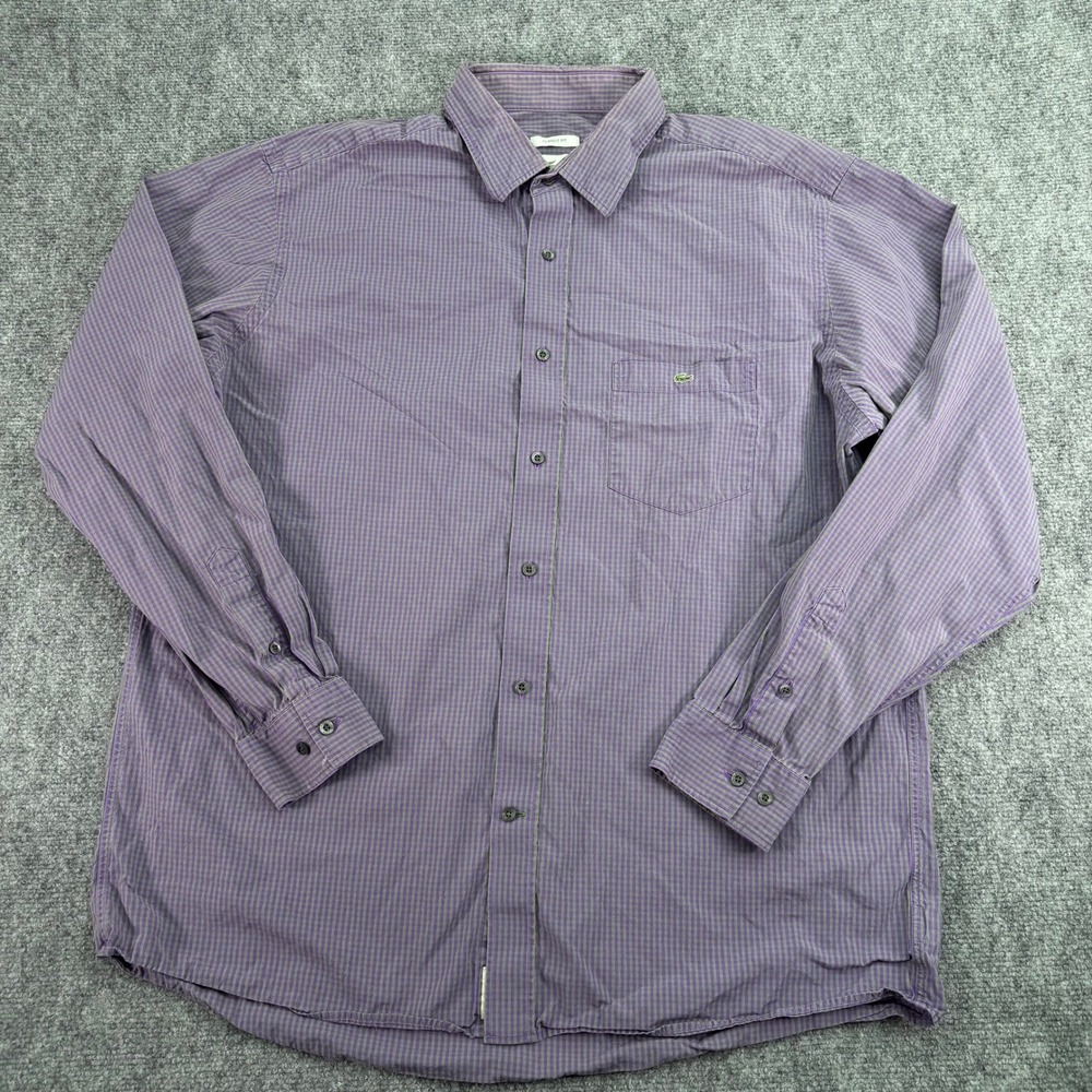 Lacoste Shirt Mens 45 Purple Green Check Classic Fit Button Up Long Sleeve STAIN